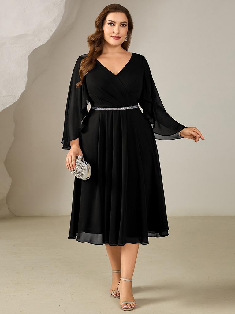 Ever-Pretty Women's Plus Size 3/4 Ruffle Bell Sleeve Deep V-Neck A-Line Midi Wedding Guest Dresses