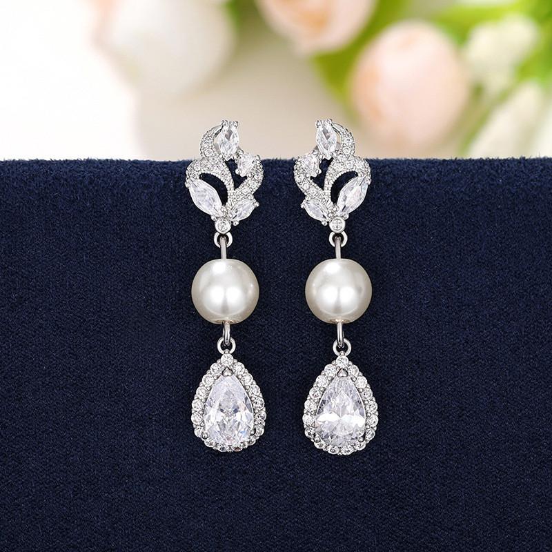 925 Sterling Silver Elegant Women Wedding Earrings Cubic Zircon Pearl Long Hanging Earrings New Fashion Jewelry Gifts