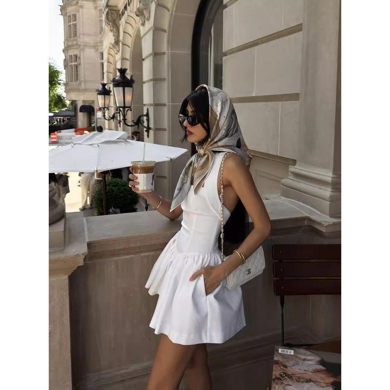 French Style Ballet Style Square Collar Hanging Neck Strapless Dress Backless Waist Hugging Short Dress Slim Fit Slimming A Word Solid Skirt for Women