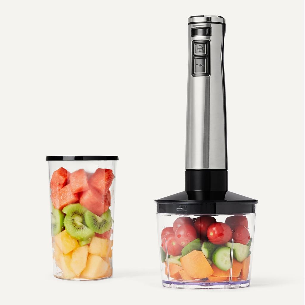 Amazon Basics 4-in-1 Hand Blender with Adjustable Speed, 500W, and Attachments, Silver