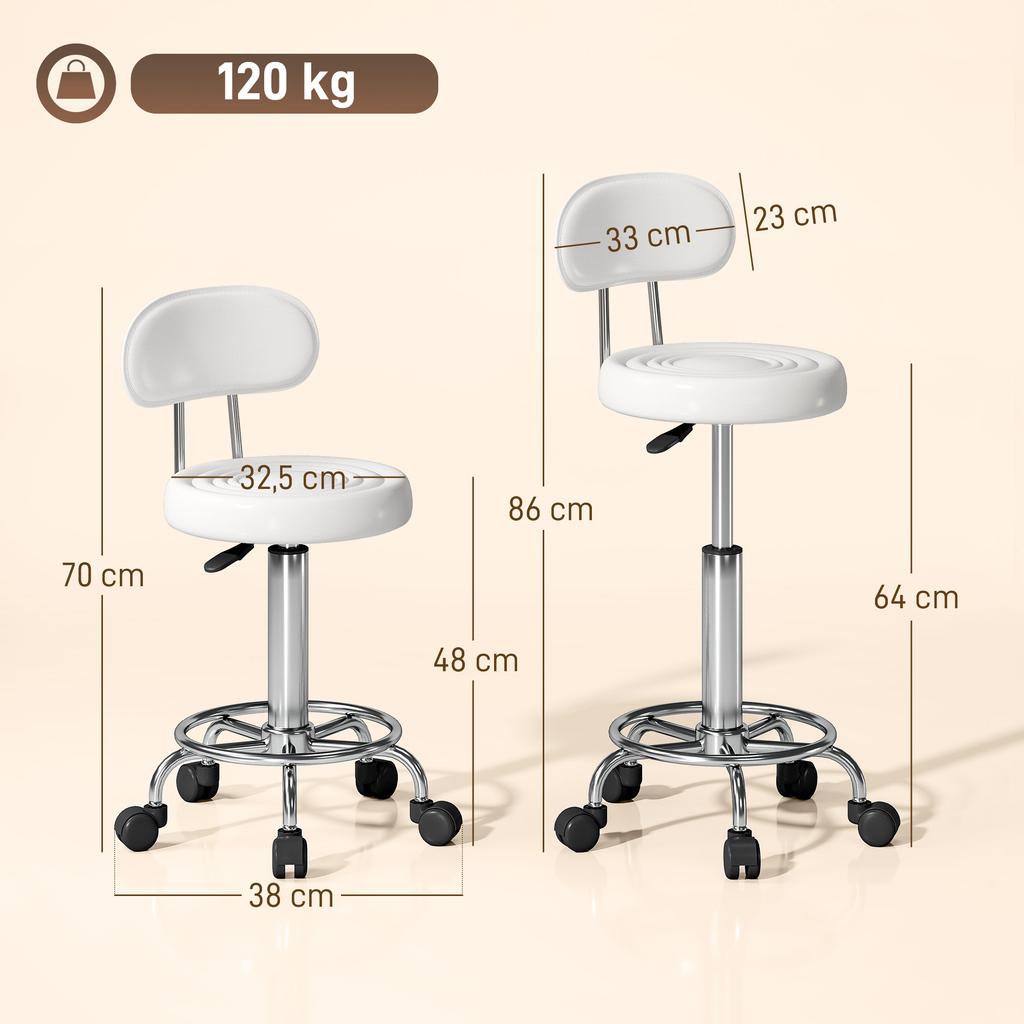 Swivel Stool with Backrest and Wheels Adjustable Chair for Beauty Salon Tattoo Studio 32x40x70-86cm White