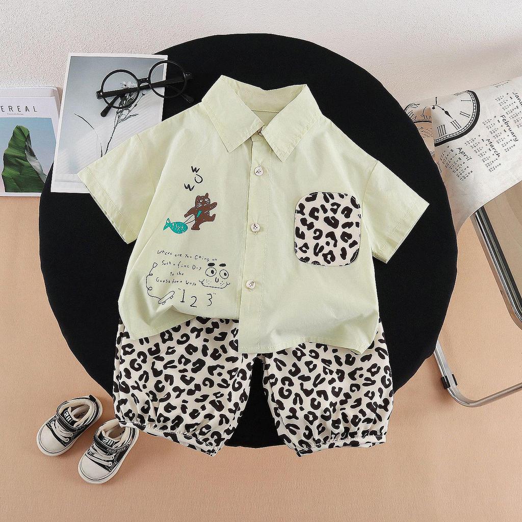 Boys' 2026 Summer Leopard Print Shirt & Pants Set – Stylish Short-Sleeve Two-Piece Outfit