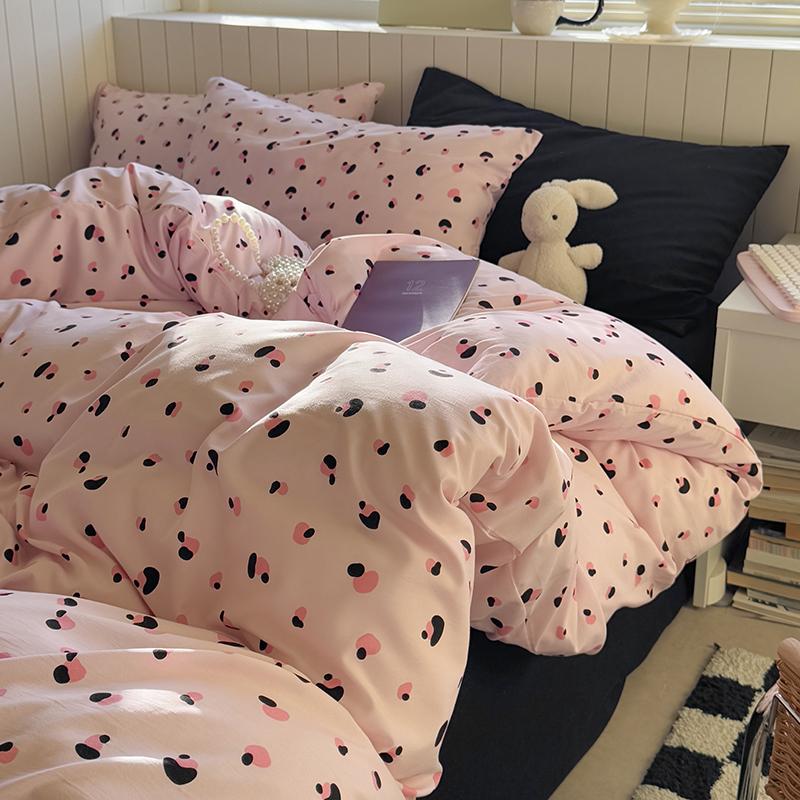 Korean Pink Grid Bedding Sets For Girls  New Flat Sheet Duvet Cover Set Pillowcase Bed Linen Queen Full Size Quilt Cover