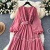 French O Neck Cut Out Lace PATCHWORK Lantern Sleeve Korean Fashion Dress Women's Summer Waist Sweet Dresses