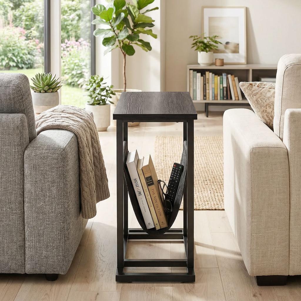 Side Table With Fabric Pocket Coffee Table With Steel Frame Compact Sofa Table Black