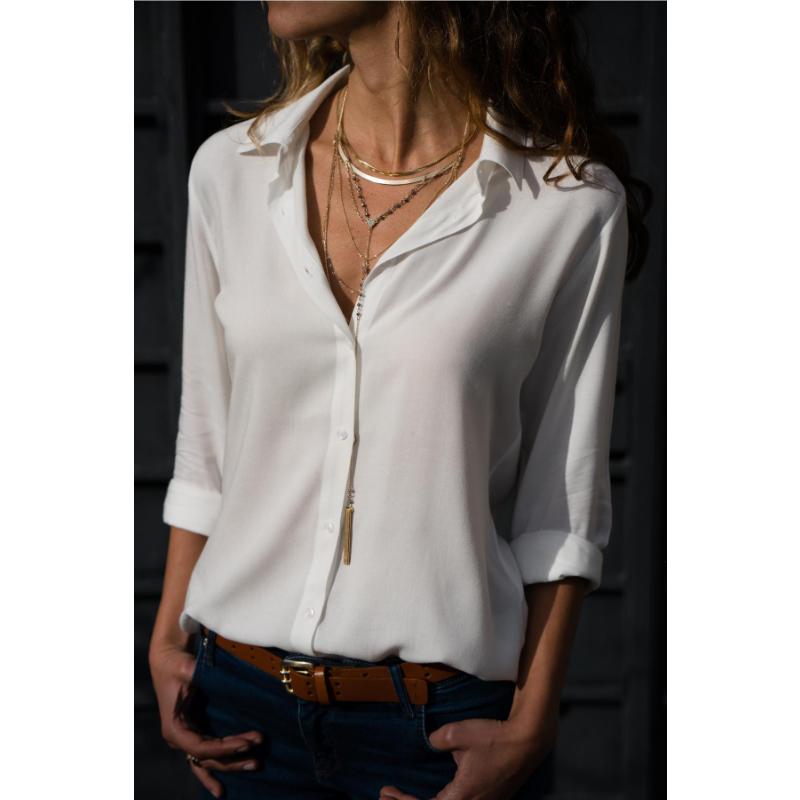 

Women s Spring Autumn Chiffon Blouse Long Sleeve Deep V Neck Button Down Solid Color Casual Office Plus Size Shirt for Ladies S белый