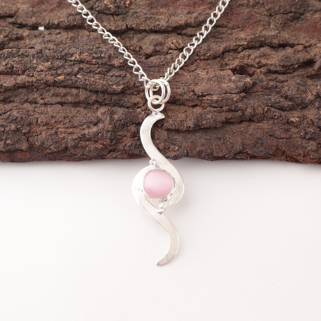 Pink Cat's Eye Gemstone 925 Sterling Silver Jewelry Handcrafted Designer Pendant PP-44-34