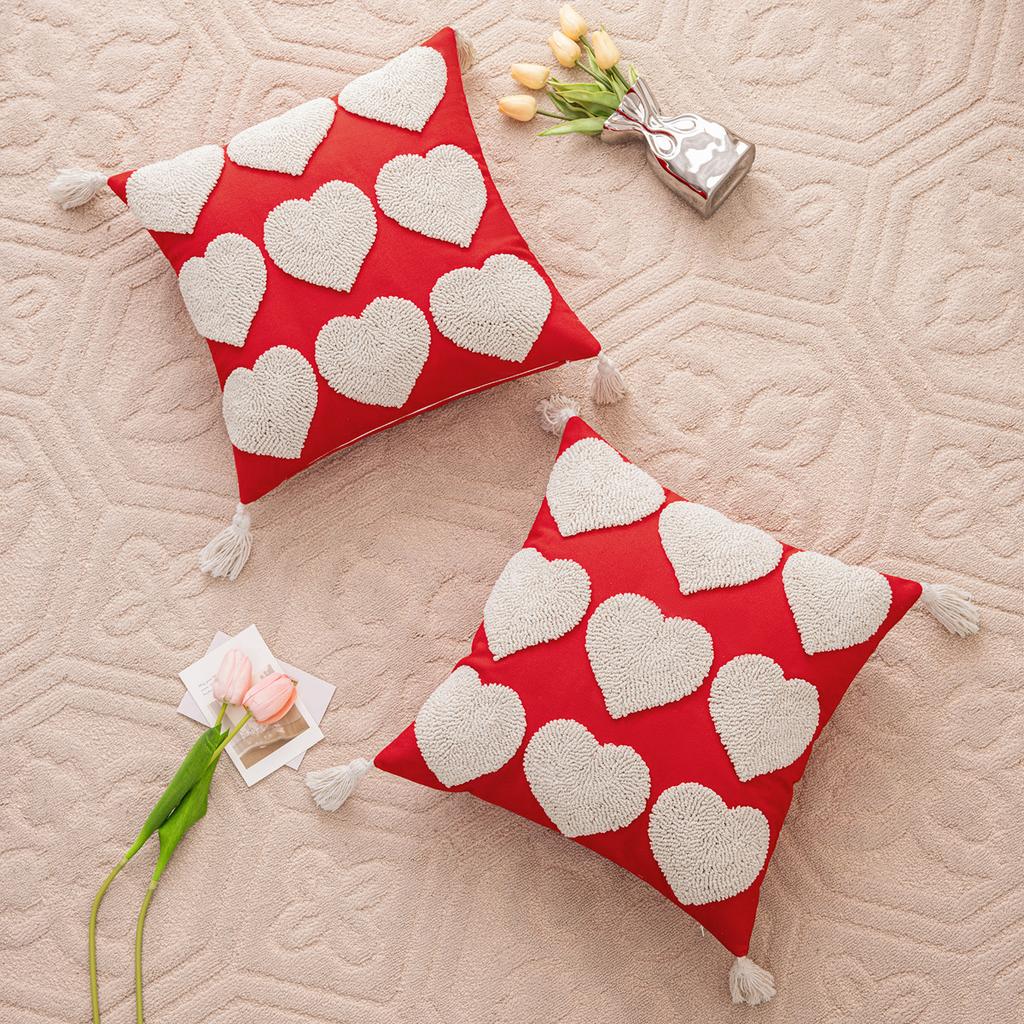 Valentine's Day Embroidered Heart-Shaped Pillow Cover Cojines Cute Tufted Tassel Throw Cushion Cover Headboard Pillowcases