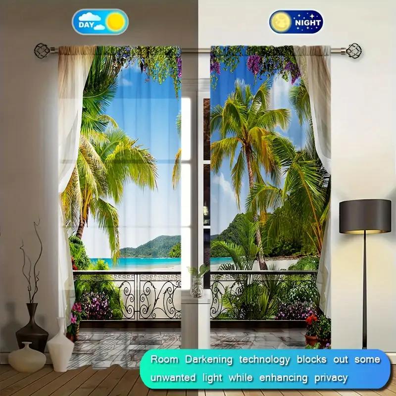 2pcs Tropical Beach Balcony Printed Curtains, Designed for Light Filtering, Quality Material, Ideal for Summer Holiday Home Win