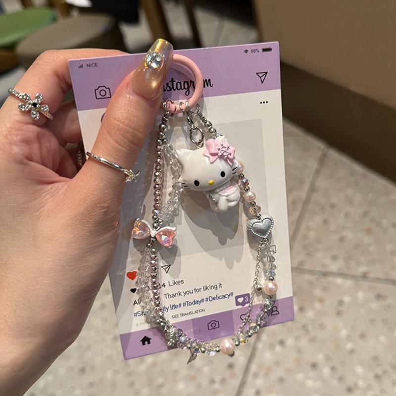 Animation Design Hello Kitty Key Rings Beaded Pendant Phone Charms Kawaii Kuromi Key Ring Adorable Hellokitty Keyring Present For Girls