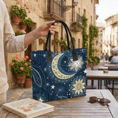  Boho Moon Floral Print Tote Bag Large Capacity Shoulder Bag for Daily Use