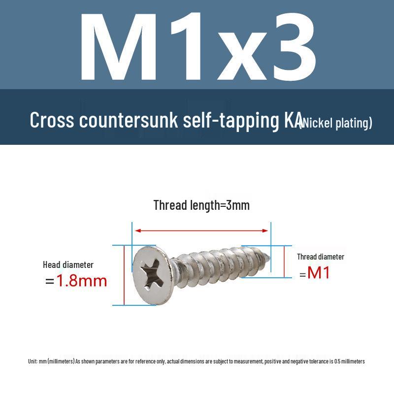 YiguYigu Nickel-Plated Phillips Flat Head Self-Tapping Screws M1-M5, Carbon Steel