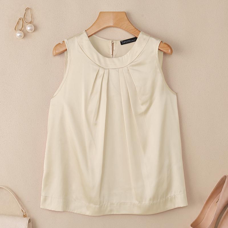ZANZEA Womens Elegant Satin Tank Top Sleeveless O Neck Casual Pleated Blouse