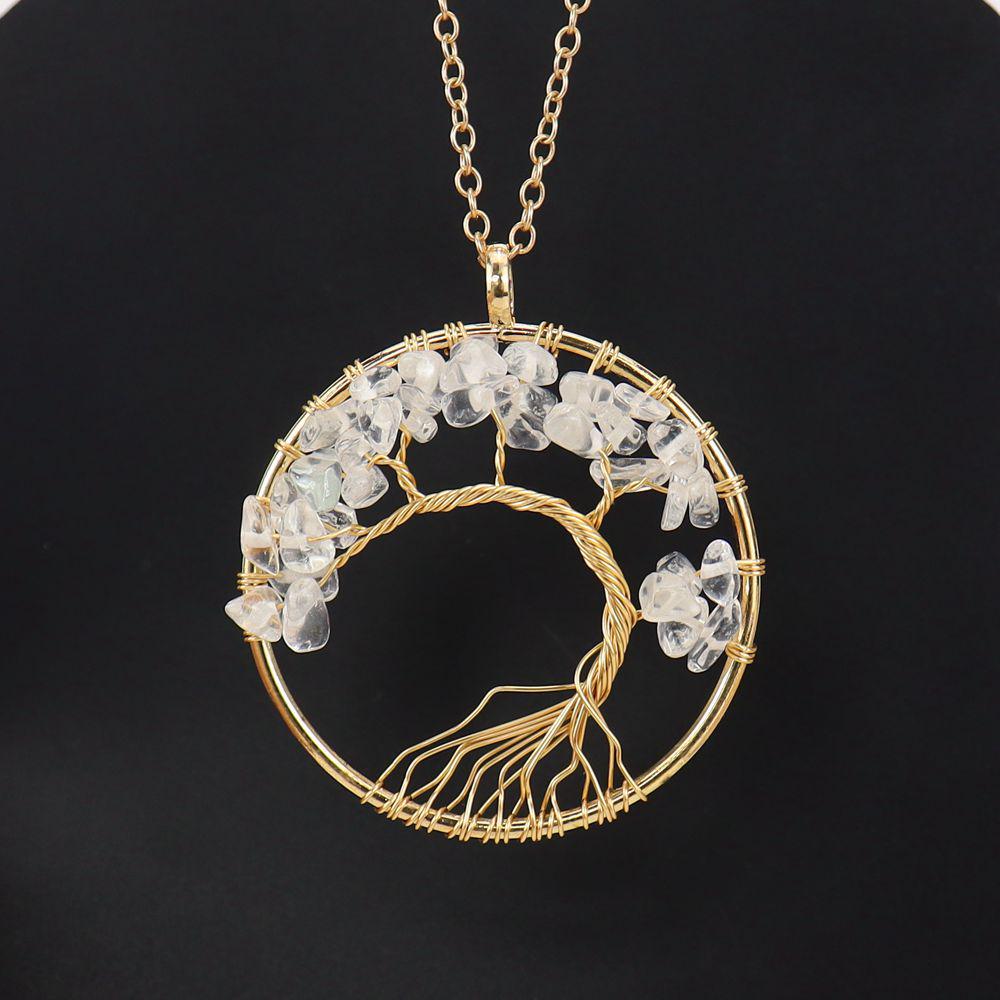 Gold Wire-Wrapped Tree of Life Necklace with Natural Crystal Crushed Stone