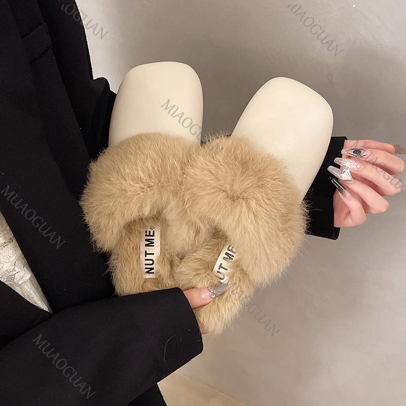 Women's Furry Mules Slippers Casual Outside Wear Flat Bottom Comfortable Baotou Half Slipper Plush Warm Winter New Cotton Slides