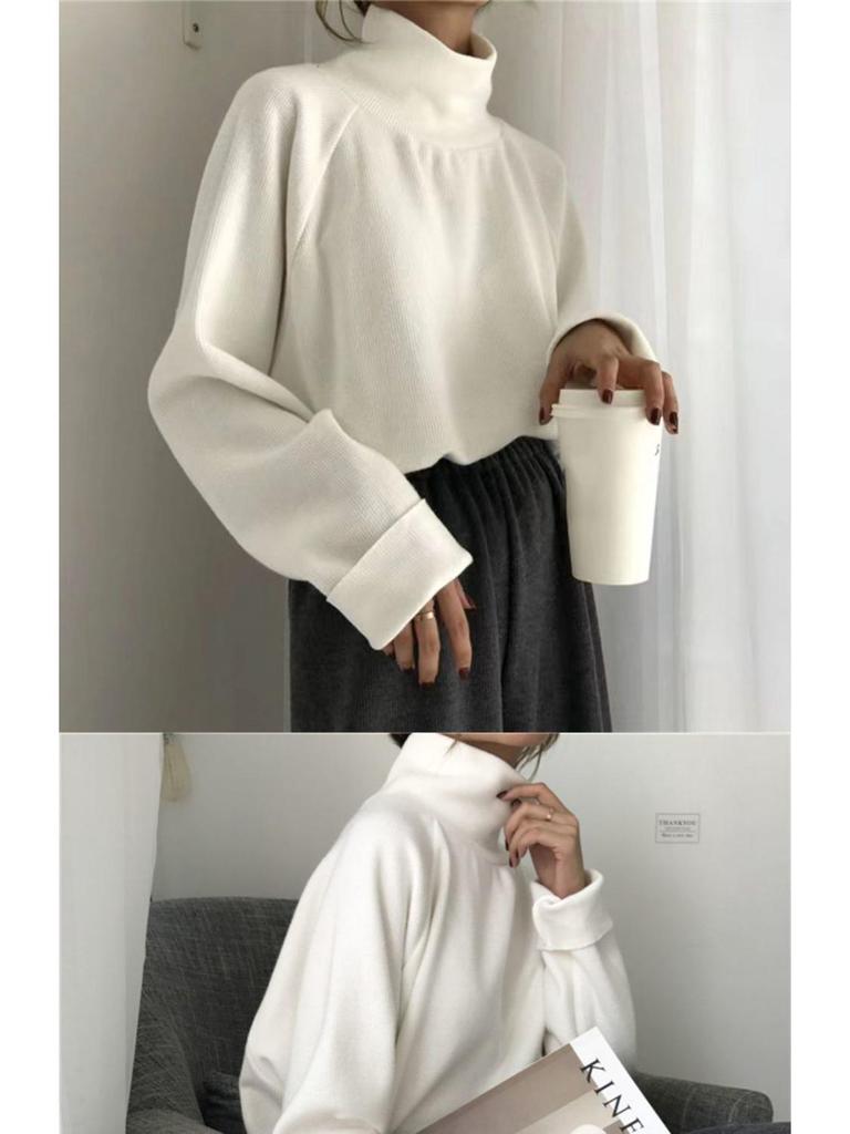 Women's Half-High Neck Fleece T-Shirt - Brushed, Warm, Loose Fit for Autumn/Winter.