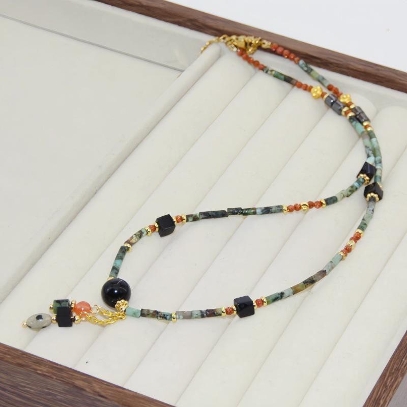Handmade Retro Natural Stone Necklace with Turquoise Beads and Obsidian Pendant On Titanium Steel Chain