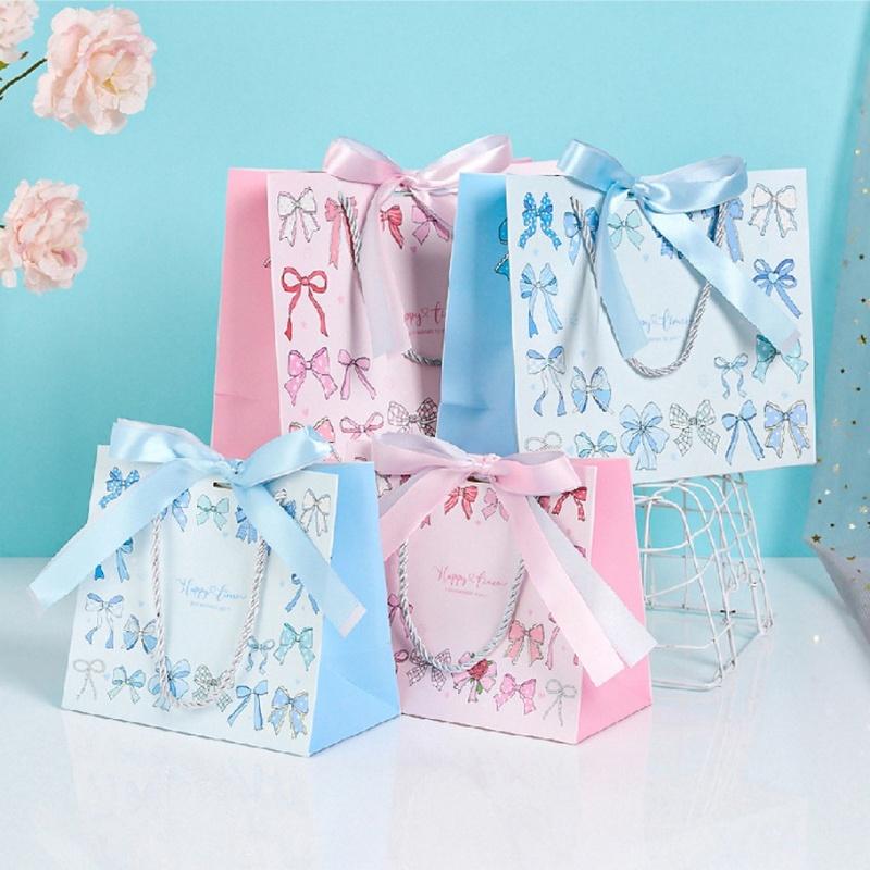 3pcs/pack Gift Paper Bags Pink Blue Bow Ribbon Handle Kraft Paper Party Present Packaging Bags for Birthday Wedding Baby Shower