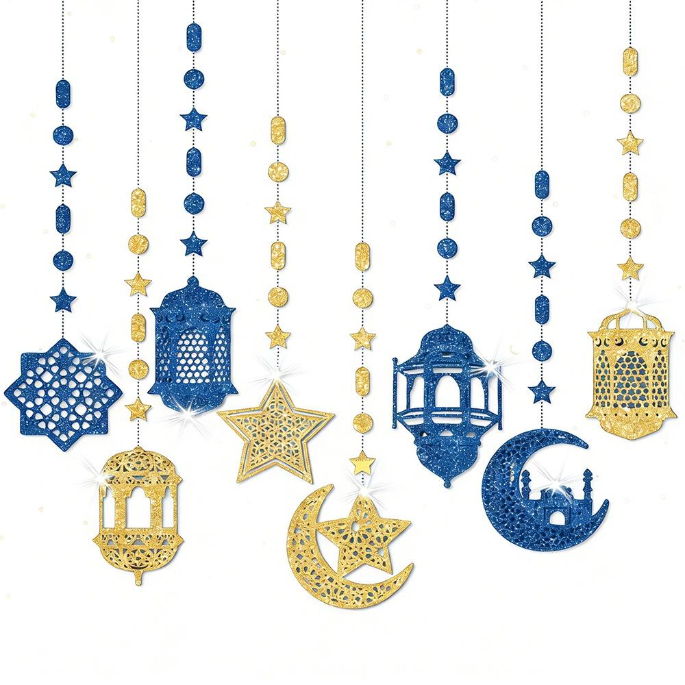 

Gold Silver Eid Mubarak Banners Glitter Paper DIY Paper Star Moon Lantern Pull Flag Ceiling Hanging Ramadan Kareem Decor