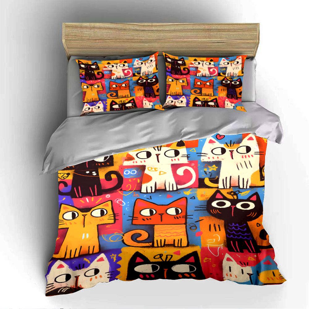 Colorful Cartoon Cat Pattern Bedding Duvet Cover Set (1*Duvet Cover 2*Pillowcases, without duvet insert)