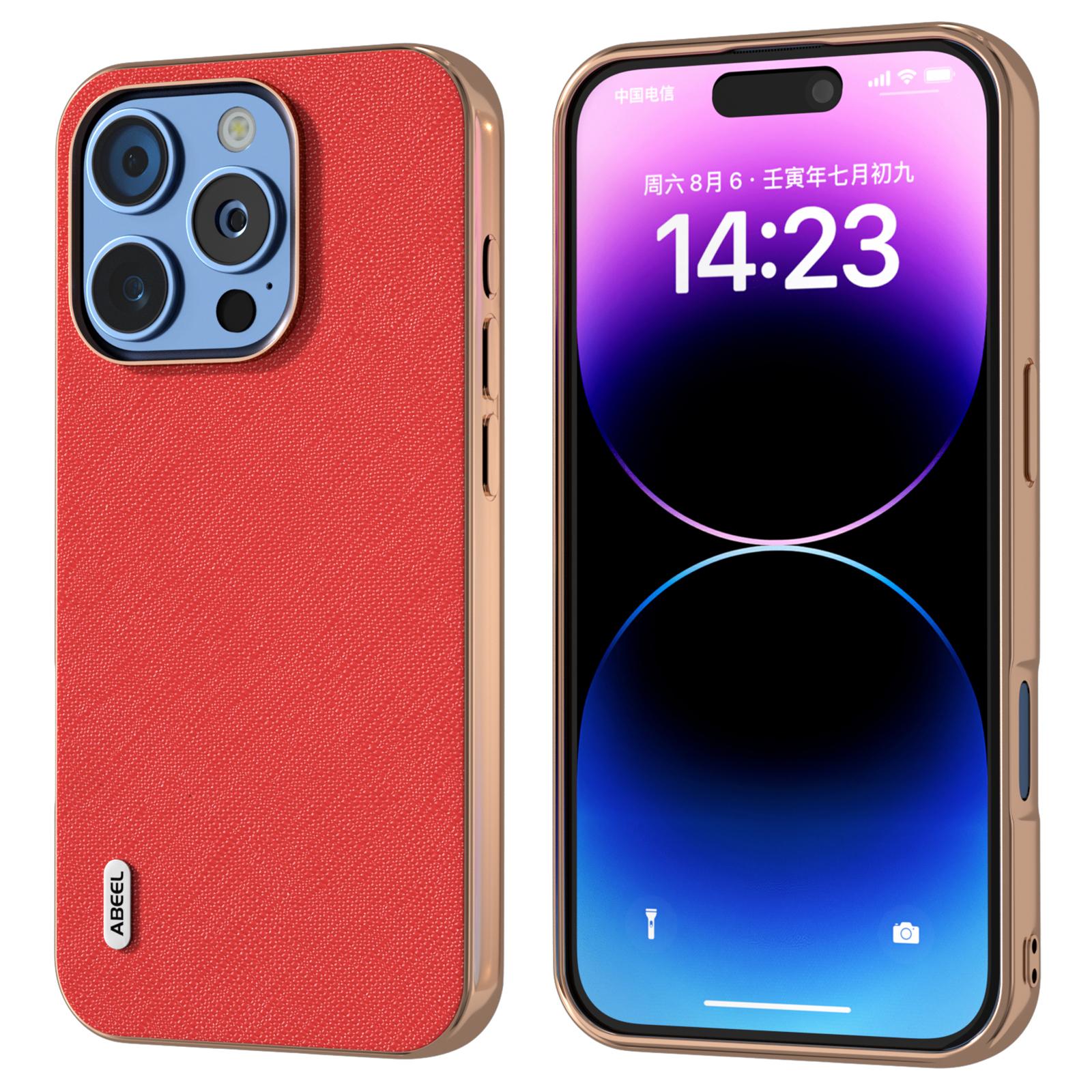 ABEEL For iPhone 16 Pro Case Electroplating Phone Cover Cross Texture Genuine Cow Leather+TPU Protective Case A