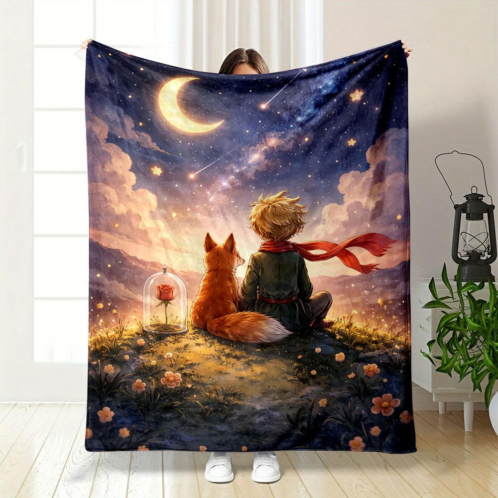 A boy and a fox sit on a hill gazing at a starry sky with a crescent moon. for all seasons blanket lunch break throw gift