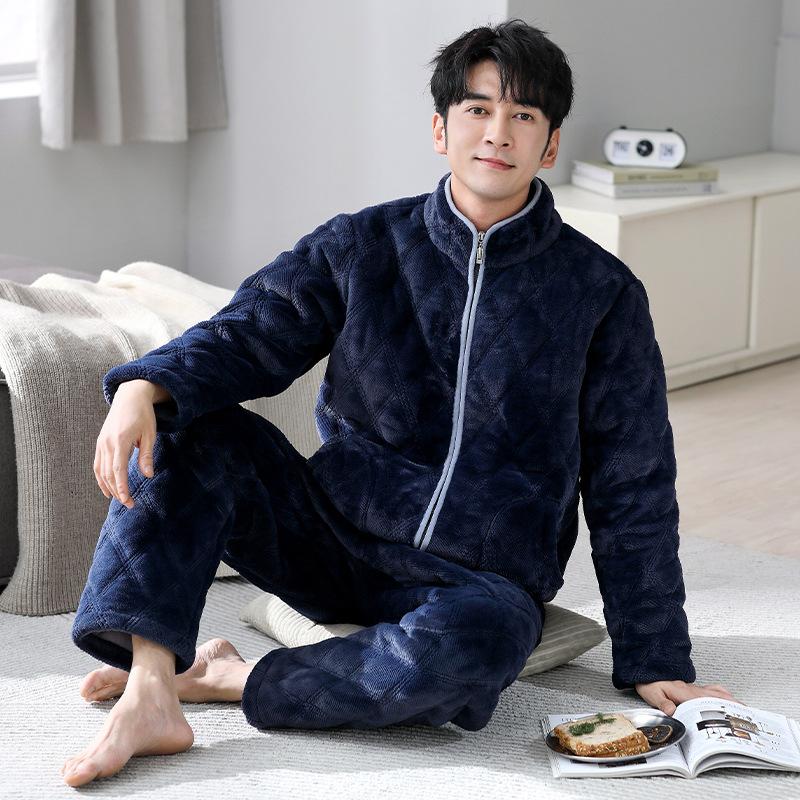 

Pajamas Men S Winter Thickened Three-Layer Padded Jacket Winter Fleece Warm Coral Fleece Loungewear Zipper Set 3XL