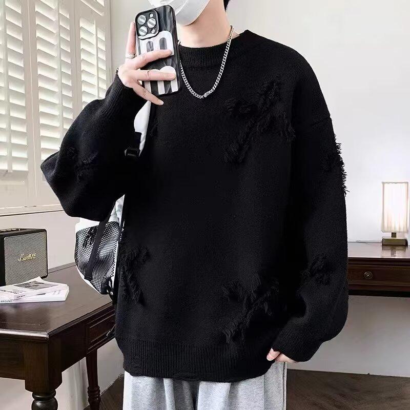 Men's Autumn/Winter Retro Ripped Knit Sweater - Round Neck, Thickened Pullover, Trendy American & Japanese Style