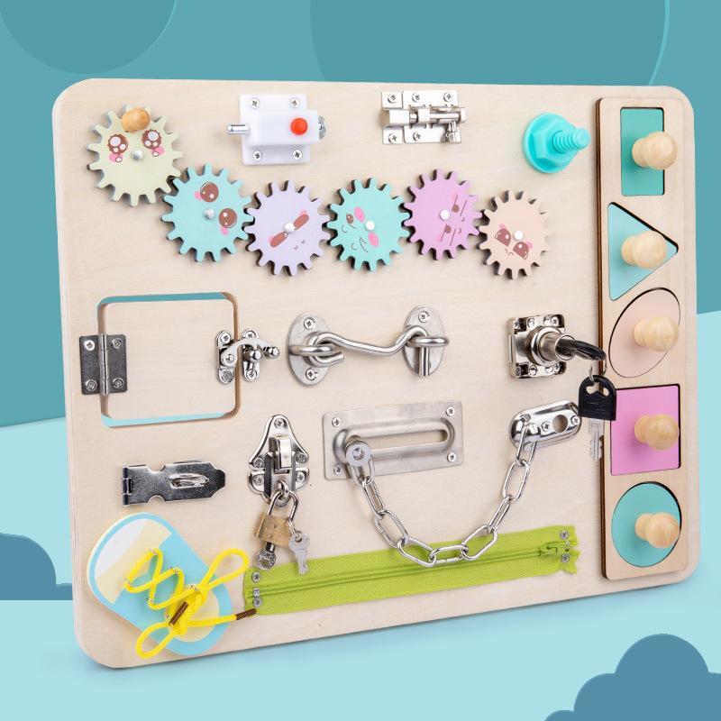 Children's Educational Early Education Busy Board Toys Wooden Car Multi-functional Music Steering Wheel Busy Board Unlocking Toys