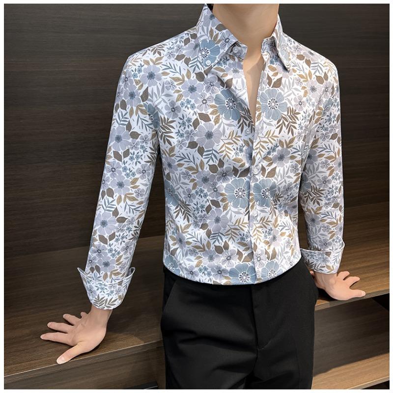Men's Floral Print Long Sleeve Button Up Shirt Casual Slim Fit Fashion Top for Daily Wear
