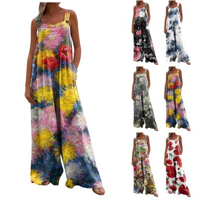 (Qunide) Wide Leg Overalls For Women Casual Loose Sleeveless Jumpsuits Retro Print Button Long Pant Romper Jumpsuit With Pockets