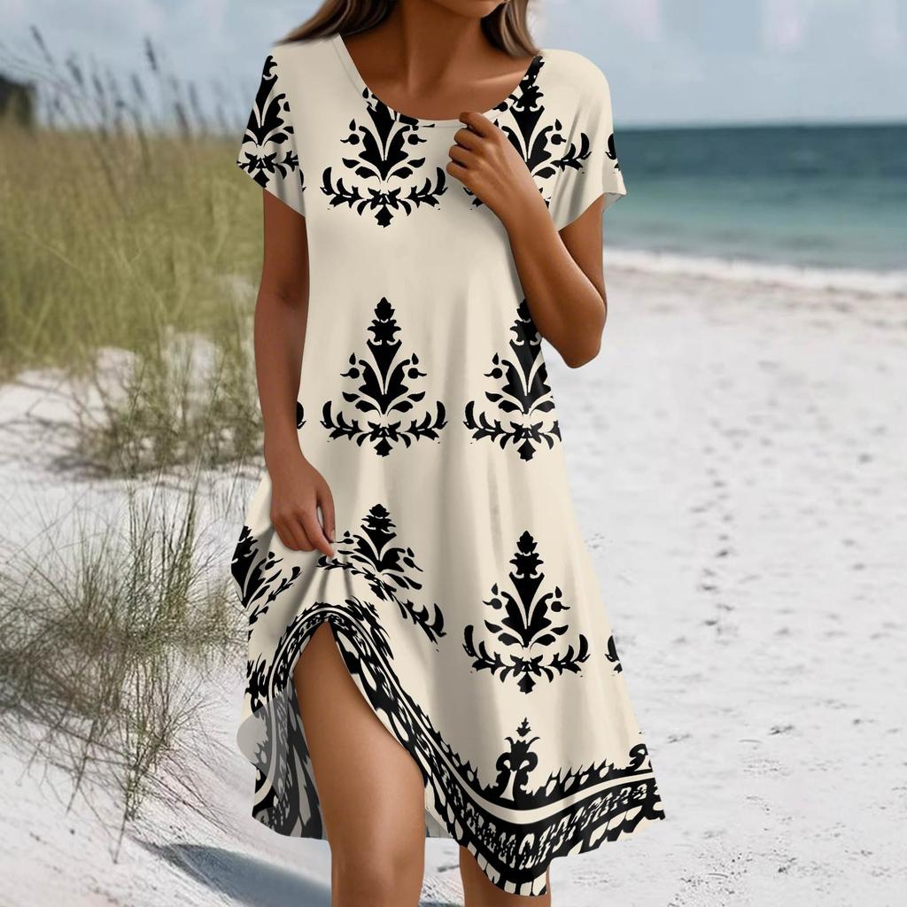 Women's Summer Short Sleeve Round Neck Floral Print Bohemian Dress With Pockets