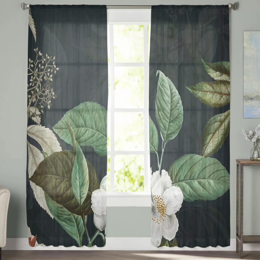 Plant Small White Flowers Chiffon Tulle Curtains for Living Room Kitchen Bedroom Sheer Voile Yarn Window Treatment