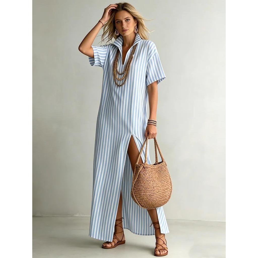 Casual Dresses - Summer V-neck Short Sleeve Striped Split Cotton Linen Women Dress For Cross-border Trade
