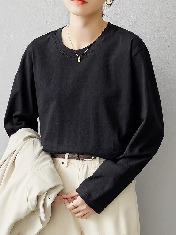 230g Women's Heavyweight Long Sleeve Solid Color Round Neck Cotton T-Shirt