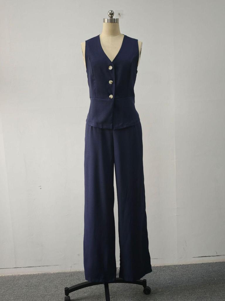 Elegant Women's V-neck Vest & Long Pants Summer Two-piece Set