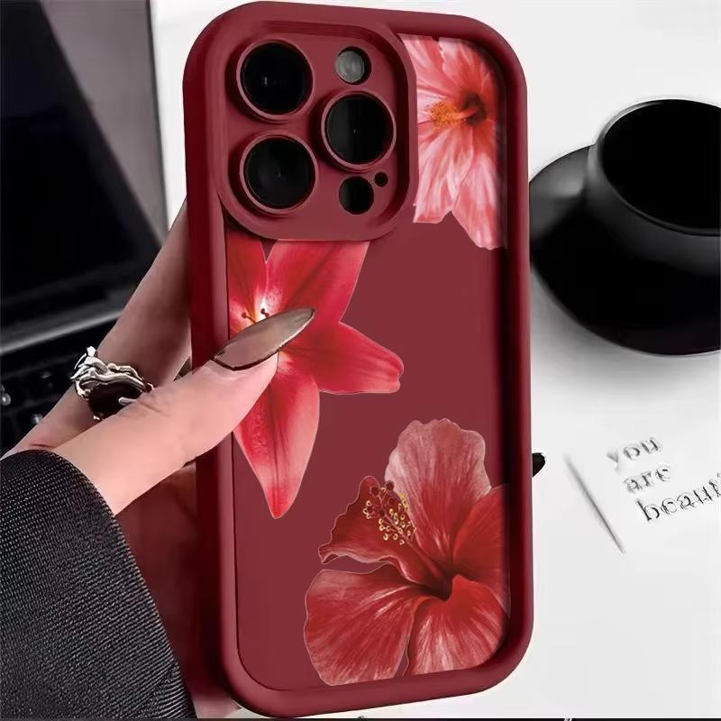 Wine Red Flower Print Soft Phone Case For iPhone 16 15 Pro Max 14 15 Plus 13 12 11 16E XR X XS Max 8 7 Plus SE2 Shockproof Cover