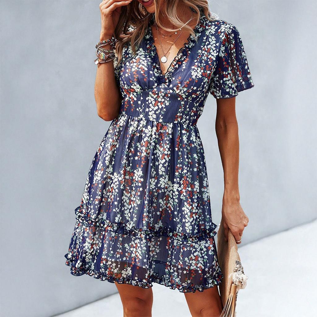 Women's Fashion Summer Floral Print V Neck Short Sleeved Casual Vacation Dress