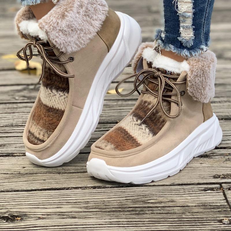 Große Schneestiefel für Damen sind im Herbst und Winter beliebt, neue warme und bequeme Schnür-Baumwollstiefel mit flachem Boden und Umschlag für Damen