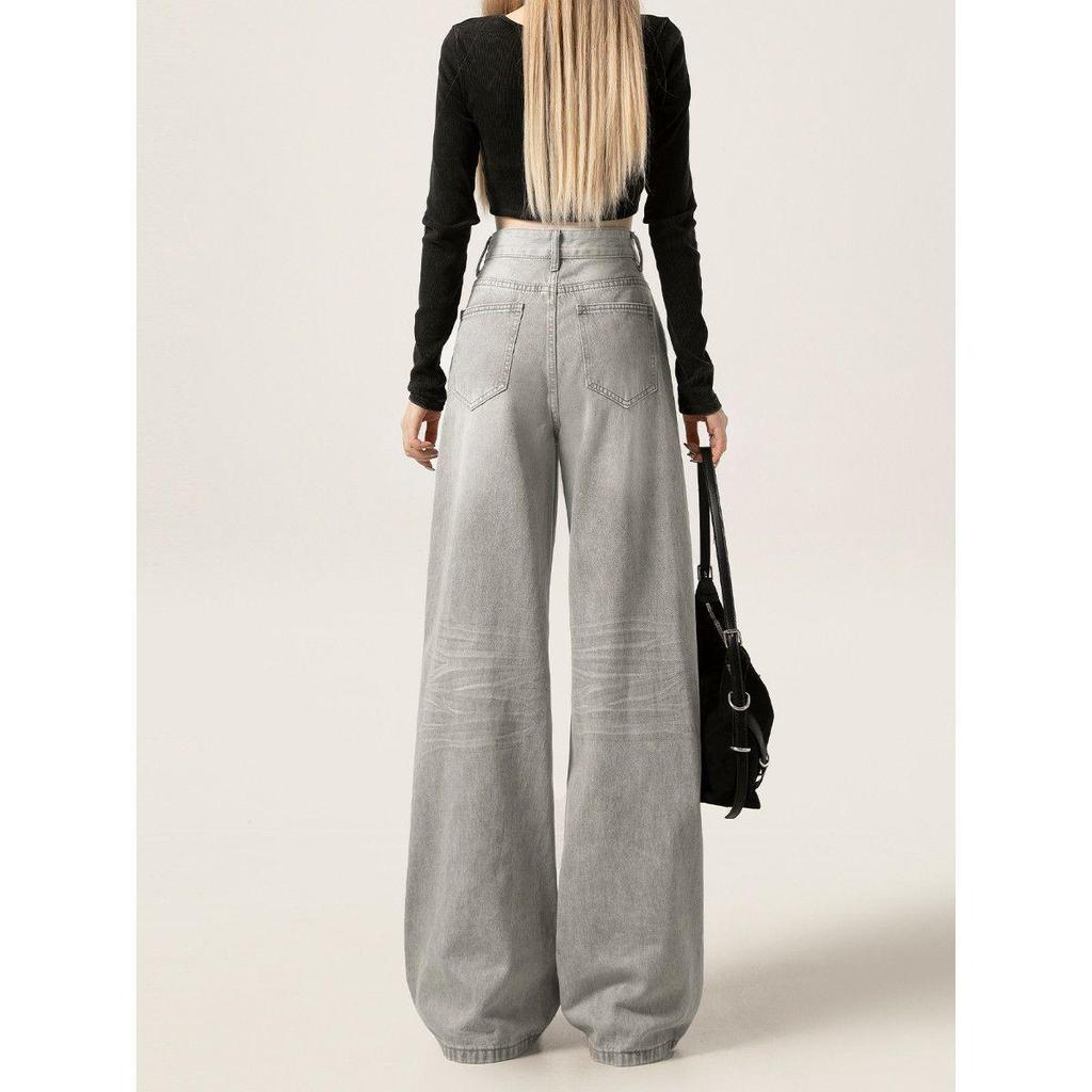 Women's High-Waisted Light Gray Wide-Leg Jeans - Autumn Collection, Floor-Length, Draped, Loose Fit
