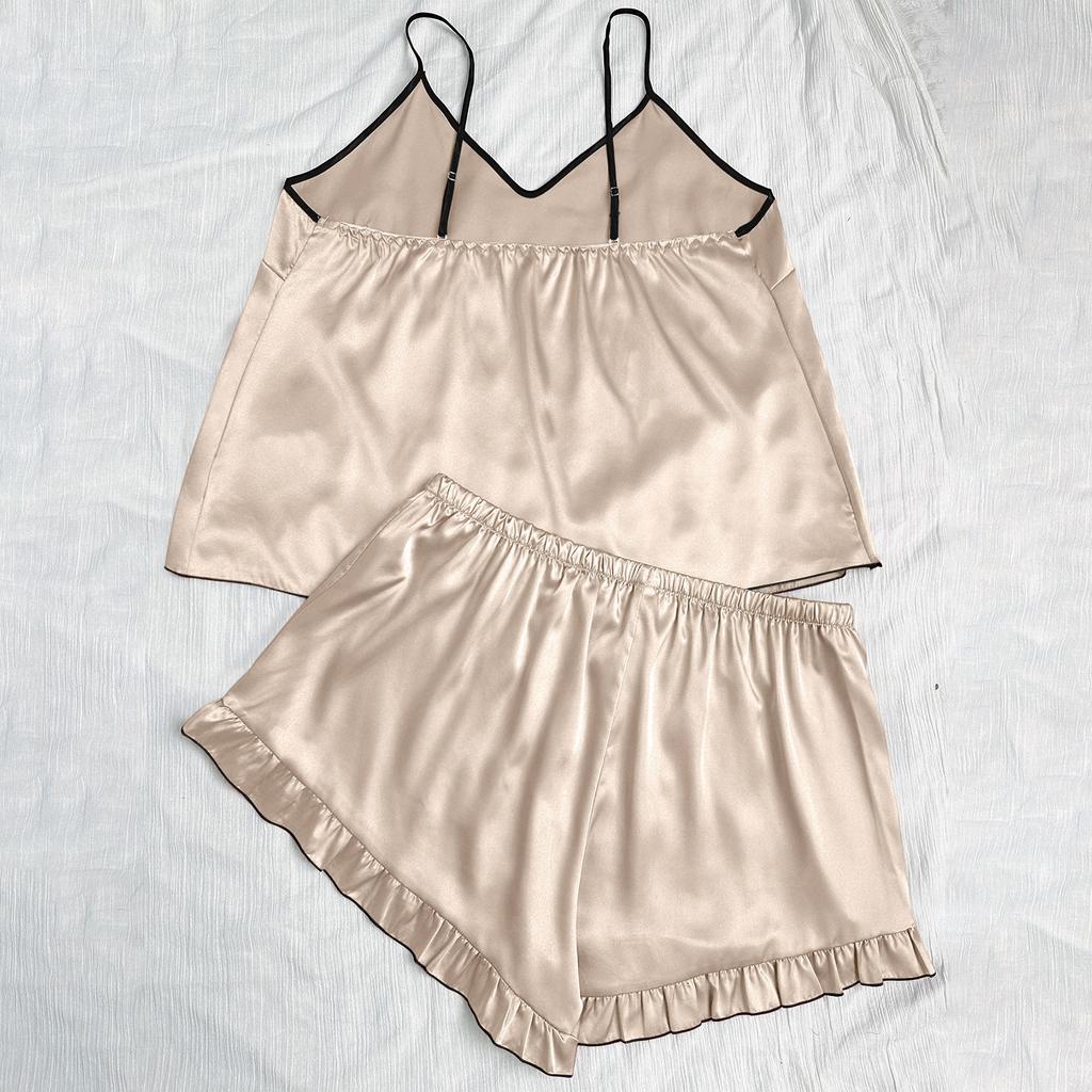 Women's Faux Silk Plus Size V Neck Strapless Tank Top With Sleeveless Shorts Ice Silk Homewear Pajama Set