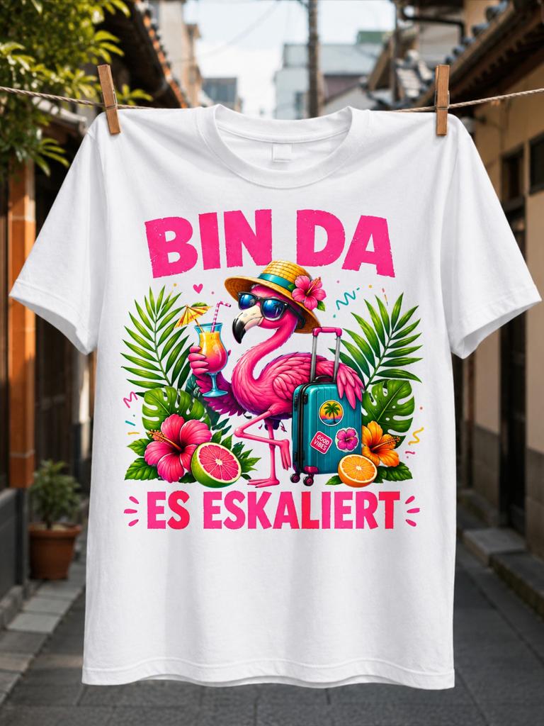 Tropical Flamingo Travel Party Bin Da Es Eskaliert With Cocktail Hibiscus And Citrus Unisex All Unisex All TShirt