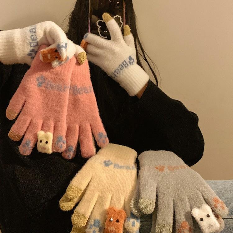 Cute Touch Screen Five Finger Gloves for Women in Winter Warm and Velvet Thickened Student Cycling Winter New Style Cold and Windproof