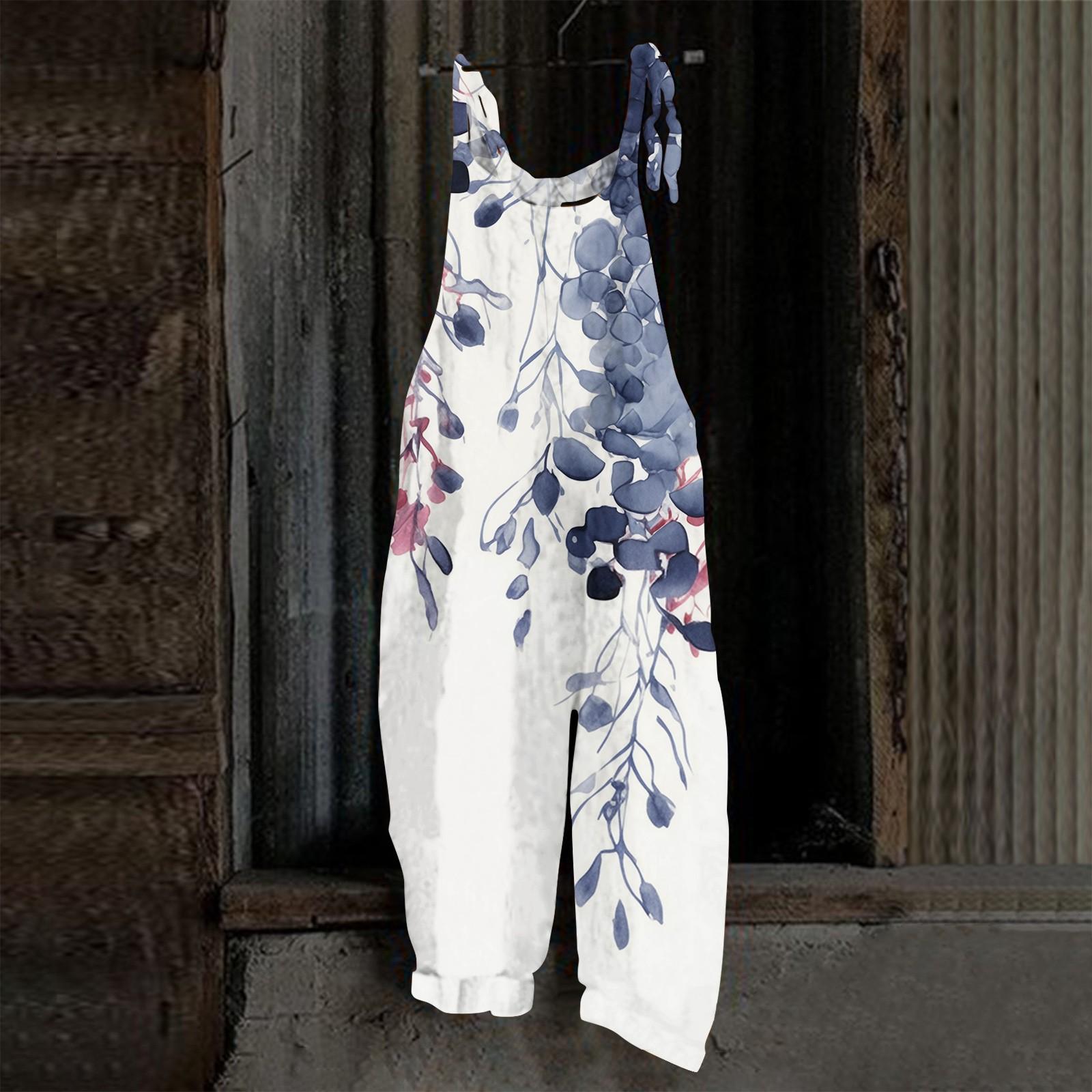 

Женский комбинезон с принтом, повседневные свободные ретро-бретельки из хлопка и льна XXXL белый