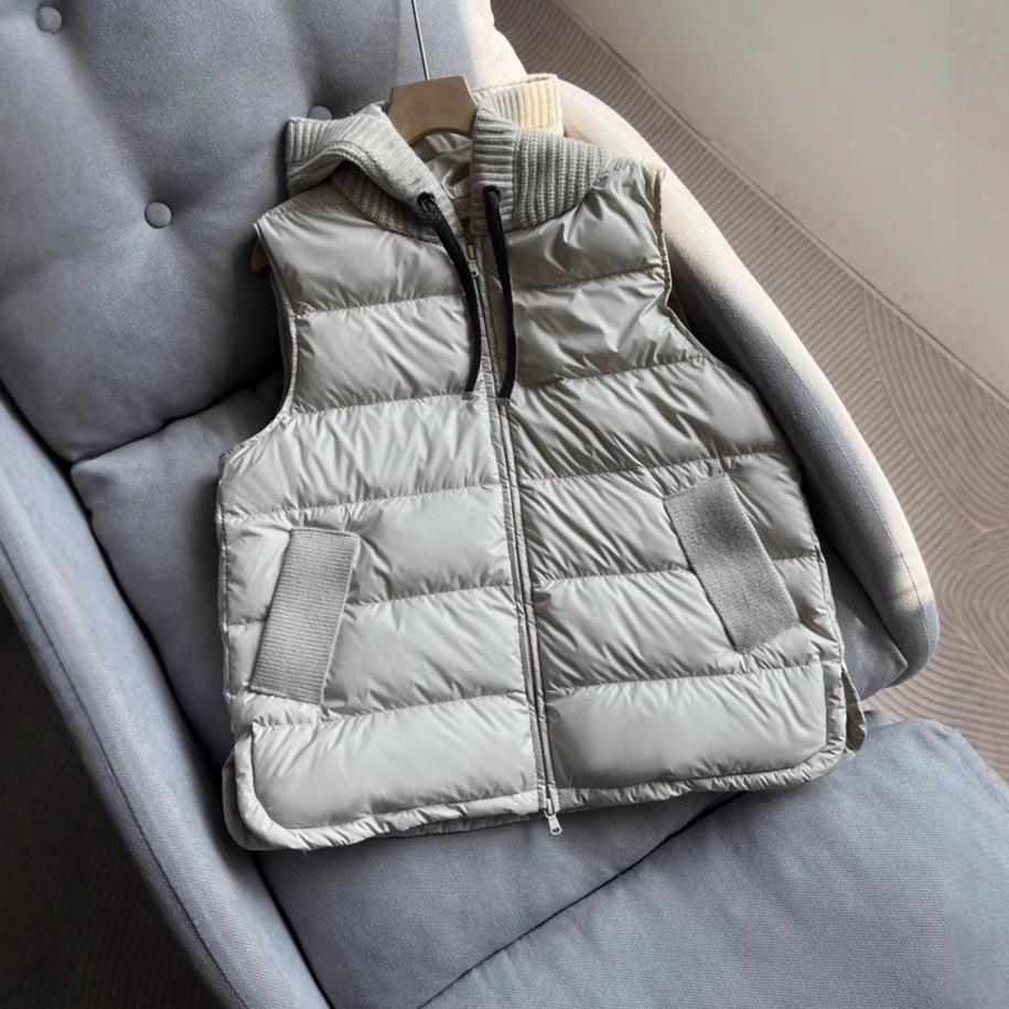 Down Jacket Vest Women's Hooded Knitted Splicing Fashion Casual Vest White Duck Down Sleeveless Jacket Versatile Short
