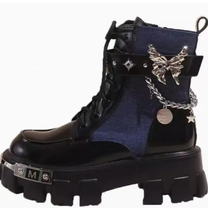 Women Metal Platform Middle Tube New Dark Punk Increased Lace-up Female Lace Up Girl Motorcycle Boots