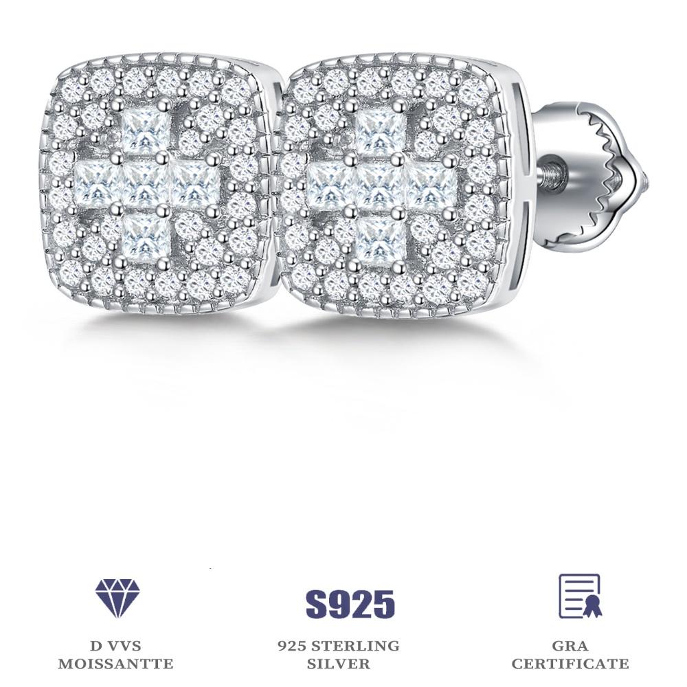 Moissanit Echte Herren Echte Solide 925 Sterling Silber Vereiste Hip Hop Quadratische Ohrringe