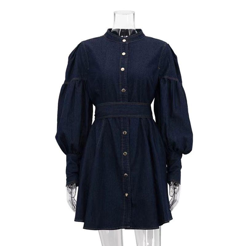 

European and American New Denim Shirt Dress Lantern Sleeve Lace-up Dress Cowboy Lantern Sleeve Dres Blue S