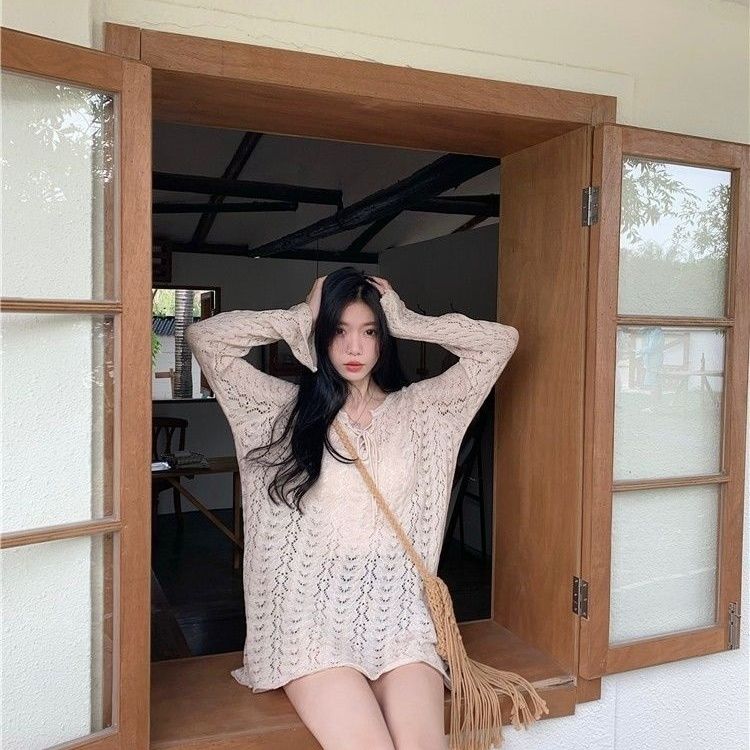 Hollow Out Long Sleeved Knitted Sweater Women's Korean Version Short Cover Shirt Summer Loose Sun Protection Sweet and Spicy Top