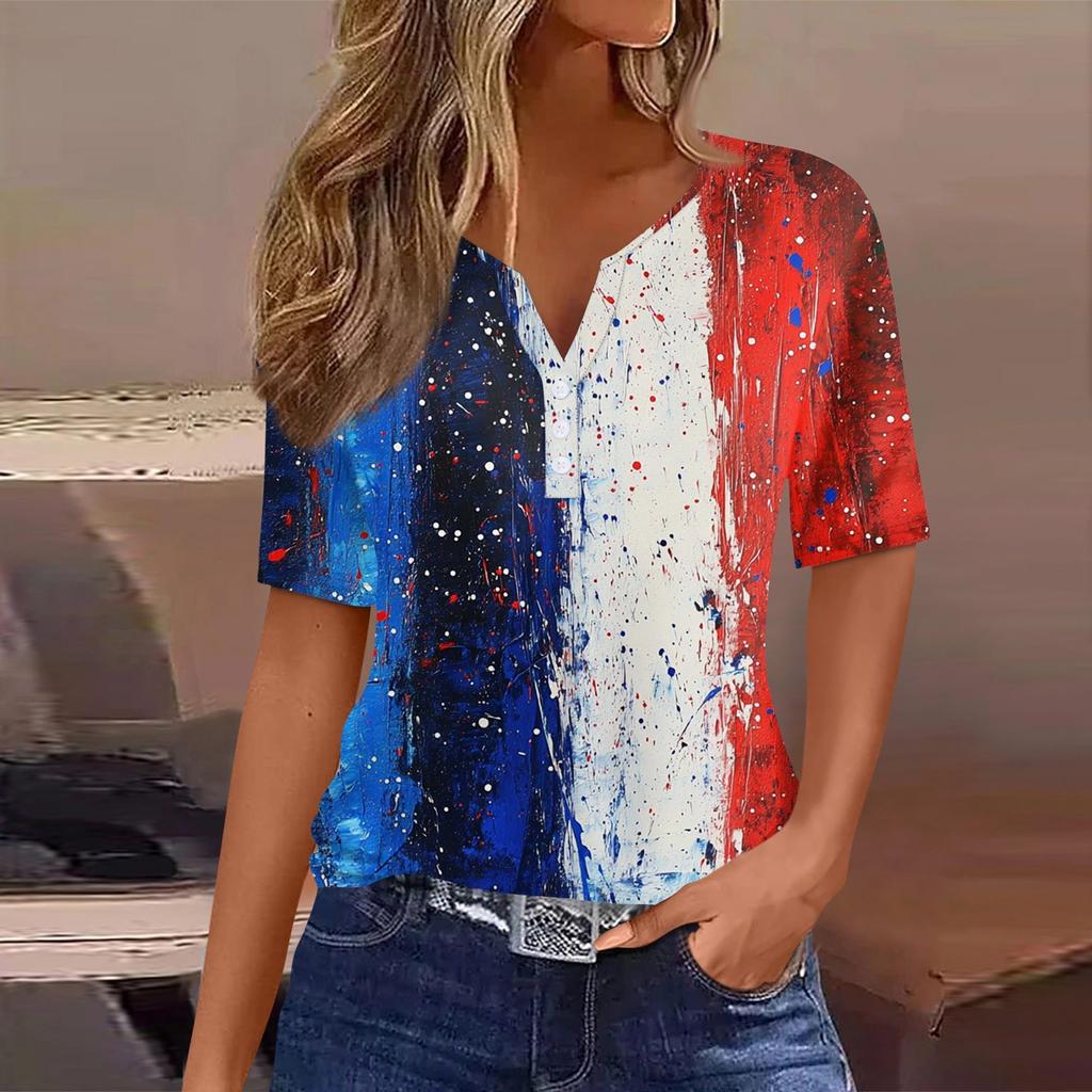 Women's T Shirt Tee Independence Day Print Button Short Sleeve Daily Weekend Fashion Basic V-Neck Regular Top